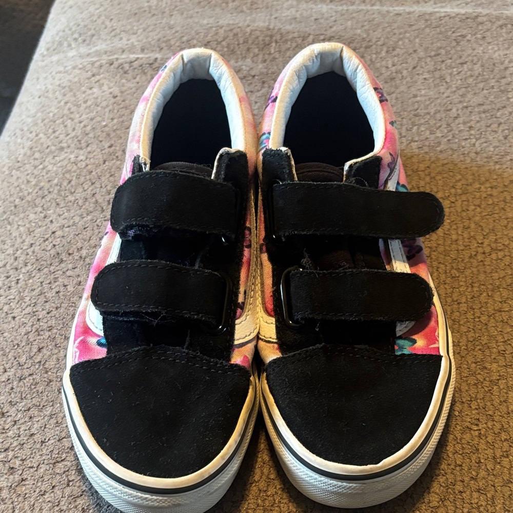 Kids Black/pink Vans with butterflies Pink Velcro Sneakers. Almost new.